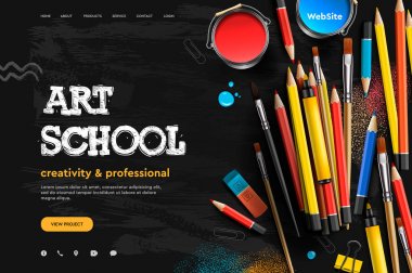 Sanat okulu, stüdyo, sınıf, eğitim için web sayfası tasarım şablonu. Web sitesi ve mobil web sitesi geliştirme için modern tasarım vektör çizimi kavramı.