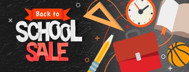 Okula geri Dönüş Satılık yatay afiş, vektör illüstrasyon.