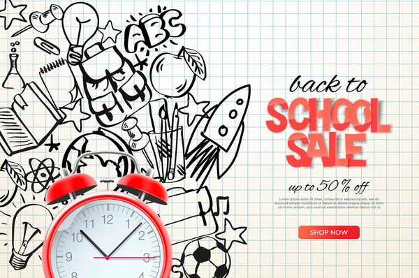 Volver a plantilla de venta de la escuela. Reloj despertador rojo realista en el esquema doodle fondo de la escuela, ilustración de vectores . — Vector de stock