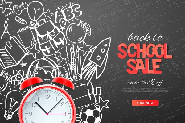 Volver a plantilla de venta de la escuela. Reloj despertador rojo realista en el fondo de la escuela doodle, ilustración vectorial . — Vector de stock