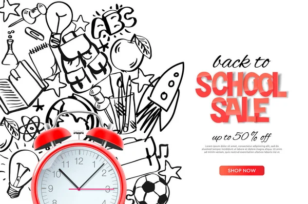 Volver a plantilla de venta de la escuela. Reloj despertador rojo realista en el esquema doodle fondo de la escuela, ilustración de vectores . — Vector de stock