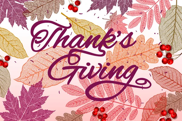 Thanksgiving holiday banner with congratulation text. Autumn tree leaves. Autumnal design for fall season poster, thanksgiving greeting card, vector illustration.