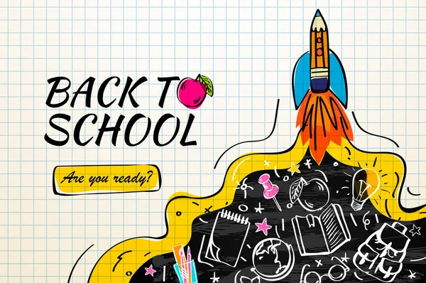 Zurück Zur Schule Mit Rakete Und Kritzeleien Auf Kariertem Hintergrund — Stockvektor