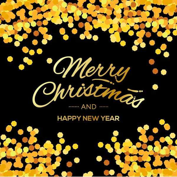 Feliz Navidad y Feliz Año Nuevo letras para invitación y tarjeta de felicitación, impresiones y carteles. Texto dorado y purpurina sobre fondo negro. Ilustración vectorial . — Archivo Imágenes Vectoriales