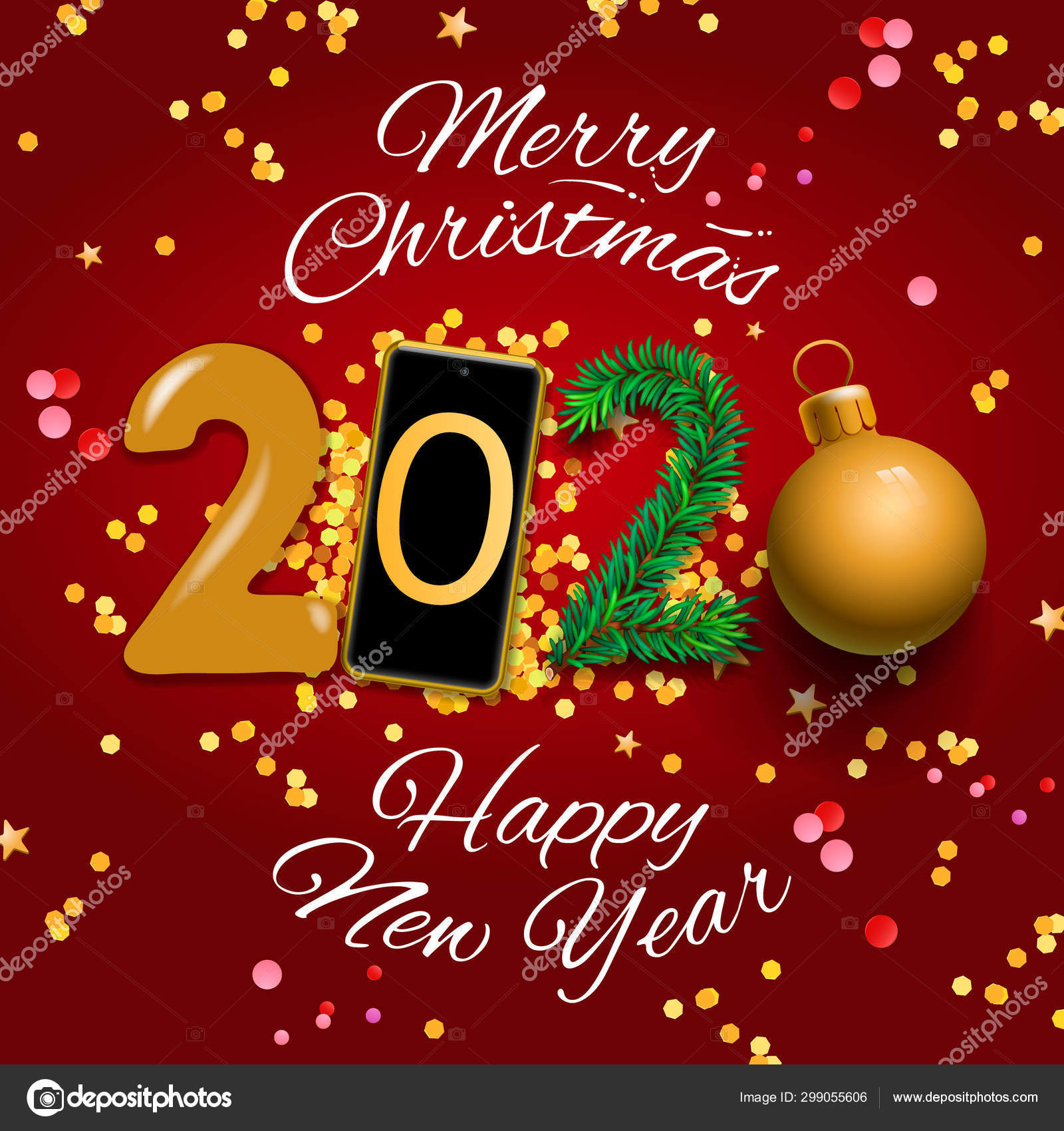 Merry Christmas and Happy New Year 2020 greeting card, vector ...