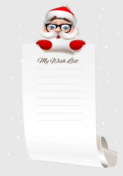 Lista de deseos de Navidad, personaje de Santa Claus sosteniendo gran arco de papel. Plantilla para deseos de Navidad, ilustración vectorial . — Archivo Imágenes Vectoriales