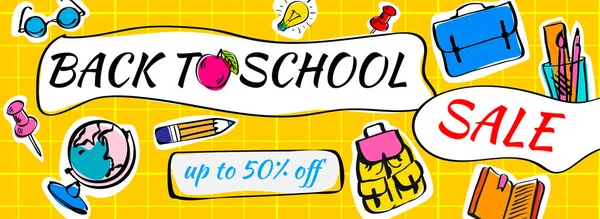 Back to school Sale doodles horizontal background. Vector illustration for banners invitation poster and website. — Stock Vector