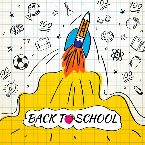 回到学校海报与火箭和涂鸦的方格纸背景。横幅邀请横幅和网站的矢量插图. — 图库矢量图片
