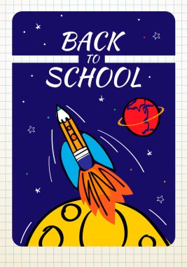 Karalamalar roket ve uzay arka plan ile okul afişgeri. Afiş davet afiş ve web sitesi için Vektör illüstrasyon
