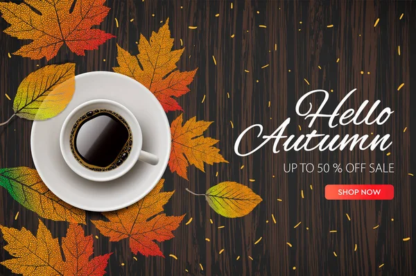 Hola Otoño. Temporada de otoño Venta y descuentos banner, ilustración vectorial. Otoño, hojas de otoño, taza de café caliente al vapor . — Vector de stock