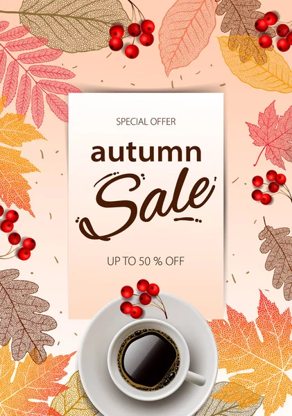 Autumn Sale. Fall season sale and discounts banner, vector illustration. Autumn, fall leaves, hot steaming cup of coffee. — Stock Vector