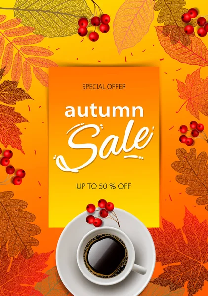 Осенняя распродажа. Осенняя распродажа и скидки баннер, векторная иллюстрация. Осень, осенние листья, горячая чашка кофе . — стоковый вектор