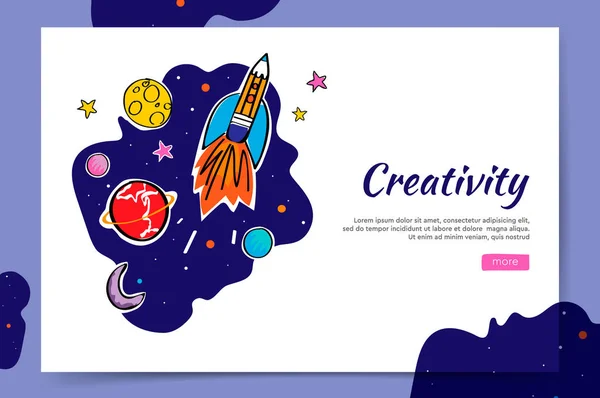 Site-ul de creativitate și grafica spațială. Rachetă Doodle şi planete. Ilustrație vectorială pentru bannere banner invitație și pagina de destinație . — Vector de stoc