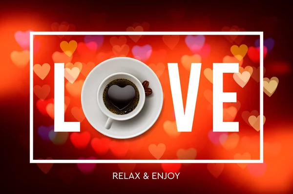 Älskar kaffe. Kopp kaffe, suddig bakgrund från röda hjärtan, vektor illustration. — Stock vektor