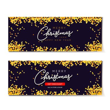 Altın parıltılı yatay arka planlar seti. Noel afişi, afiş, web sitesi için başlık. Siyah Xmas fon. Mutlu Noeller ve Mutlu Yıllar el yazısı metin kaligrafi.