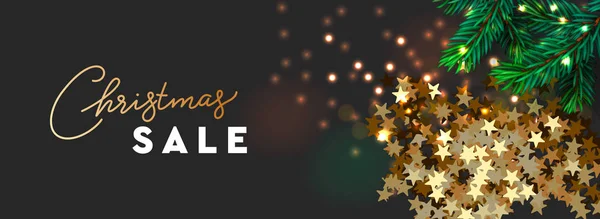 Banner de venda de Natal, decoração festiva de Natal. Horizontal poster de Natal, cartão, cabeçalho, site. Golden star confetti, luzes cintilantes guirlanda com ramos de pinho verde. Ilustração vetorial . —  Vetores de Stock