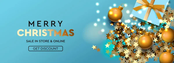 Karácsonyi eladó vízszintes banner. Xmas design csillogó fények girland, reális ajándékok doboz, csillogó arany konfetti. Karácsonyi poszter, vektorillusztráció — Stock Vector