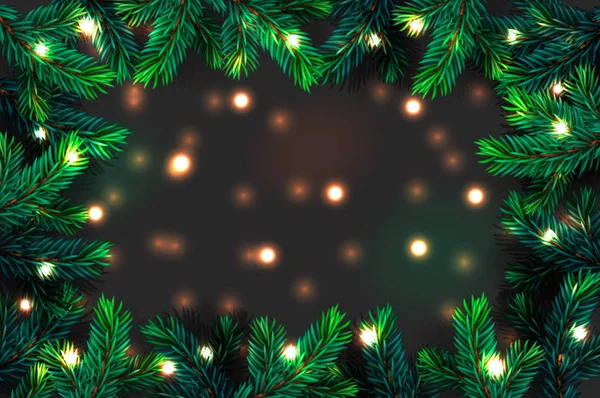 Arbre de Noël branches fond. Festive bordure de Noël de branche verte de pin avec guirlande de lumières scintillantes, illustration vectorielle . — Image vectorielle