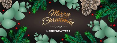 Mutlu Noeller ve Happy New Year yatay poster. Dalları okaliptüs, ladin dalları ve koyu arka plan üzerinde çilek ile Tatil şablonu. Kış arka planı, vektör çizimi.