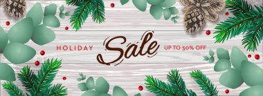 Tatil Satılık yatay poster. Dalları okaliptüs, ladin dalları ve ahşap arka plan üzerinde çilek ile Noel şablonu. Kış arka planı, vektör çizimi