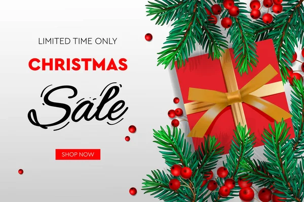 Christmas Sale banner. Realistic fir-tree branches with berries and red gift box. Vector illustration for winter holiday discounts. — Stock vektor