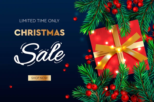 Christmas Sale banner. Realistic fir-tree branches with berries and red gift box. Vector illustration for winter holiday discounts. — Stock Vector