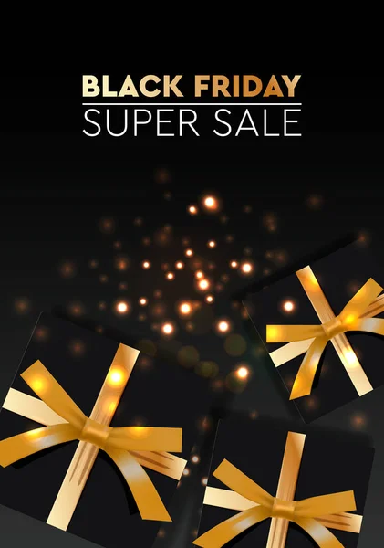 Black Friday Sale. Banner, póster, logo de color dorado sobre fondo oscuro. Diseño con cajas de regalo negro realista con cinta dorada, ilustración vectorial . — Vector de stock