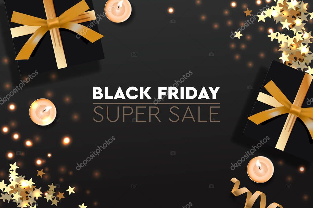 Black Friday Sale. Banner, poster, logo golden color on dark background. Design with realistic black gift boxes with golden ribbon, glitter and candle, vector illustration