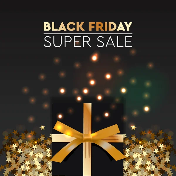 Black Friday Sale. Banner, poster, logo golden color on dark background. Design with realistic black gift box with golden ribbon, vector illustration. — Stock Vector