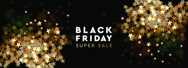 Black Friday Super Sale. Banner, Plakat, Logo goldene Farbe auf schwarzem Hintergrund. Design mit goldenem Konfetti und Funkeln, Vektorillustration. — Stockvektor