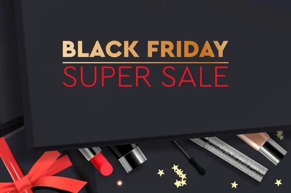 Black Friday Super Sale. Coffret cadeau noir avec produits cosmétiques, vue de dessus, design 2020. Illustration vectorielle . — Image vectorielle