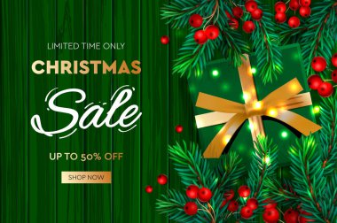 Noel yatay afişi, web sitesi başlığı. Tatil geçmişi, gerçekçi hediye kutularıyla tasarım, takı ve altın top. Yeni yıl hediyeleri üst görünüm.