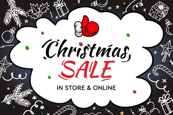 Julförsäljning, i butik och online. Handskrivna moderna bokstäver med klotter dekorativa element och Santa tummen upp på tavlan bakgrund. — Stock vektor