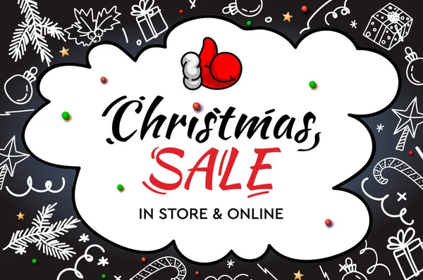 Venta de Navidad, en tienda y en línea. Letras modernas manuscritas con elementos decorativos doodle y pulgar de Santa en el fondo de pizarra . — Vector de stock