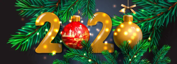 С Рождеством и Новым 2020 годом баннер, рождественские праздничные украшения. Горизонтальные рождественские плакаты, открытки, заголовки, веб-сайт. Векторная иллюстрация — стоковый вектор