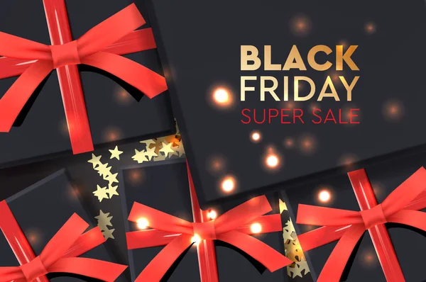 Black Friday Super Sale. Black gift box on dark background, design 2020. Vector illustration. — Stock Vector