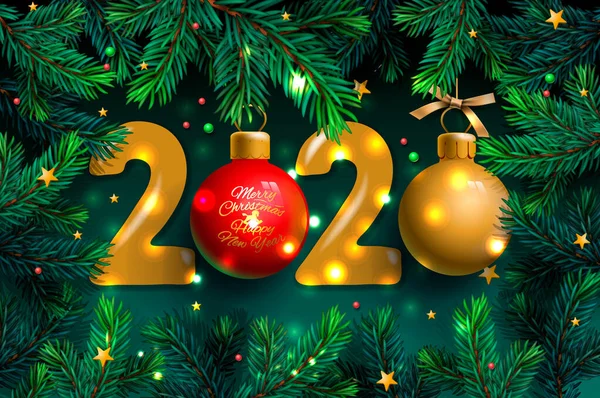 Gelukkig nieuwjaar 2020 template. Vakantie vector illustratie met realistische gouden kerstballen en kerstboom takken achtergrond, vector illustratie. — Stockvector