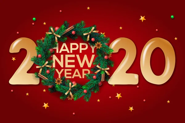 Happy New Year 2020 text design. Vector greeting illustration with and Christmas wreath on red background. — ストックベクタ