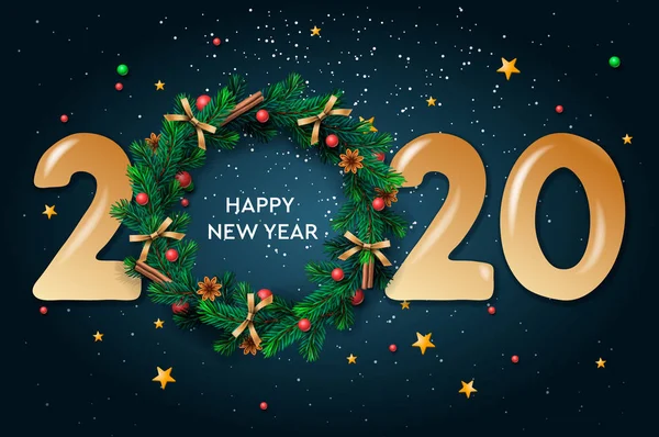 Boldog új évet 2020 szöveges tervezés. Vektor üdvözlő illusztráció és karácsonyi koszorú sötét háttér. — Stock Vector