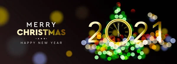 2021 Nieuwjaar. Kerstboom schitteren wazig bokeh effect horizontale achtergrond. Vrolijk kerstfeest. Vector illustratie voor web banners uitnodiging poster — Stockvector