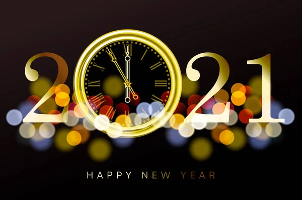 Boldog új évet 2021 - Új év Ragyogó háttér arany óra és csillogás, vektor illusztráció — Stock Vector