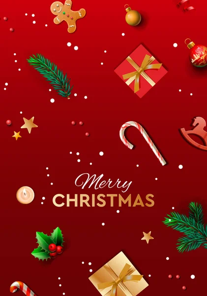 Feliz Natal design de fundo com ramos de abeto, cones de pinho, bagas vermelhas, caixas de presente, ilustração vetorial. — Vetor de Stock