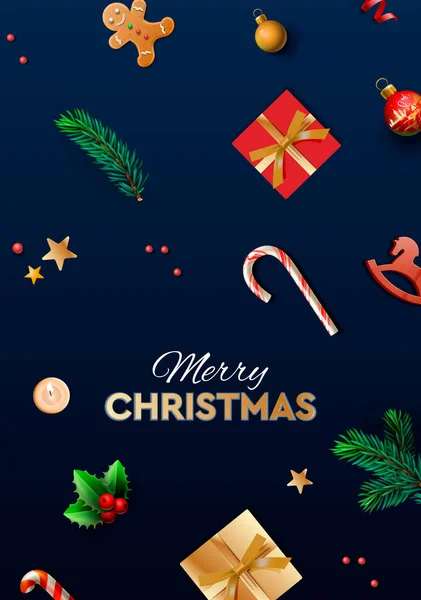 Frohe Weihnachten Hintergrunddesign mit Tannenzweigen, Tannenzapfen, roten Beeren, Geschenkboxen, Vektorillustration. — Stockvektor