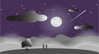 gece vakti ay yıldızlı gökyüzü arka plan, vektör sanat ve illüstrasyon ile dağ manzaralı manzara.