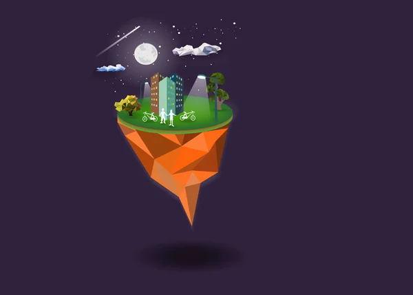 Stad Nacht Scène Landschap Achtergrond Vector Met Maan Hemelachtergrond Man — Stockvector