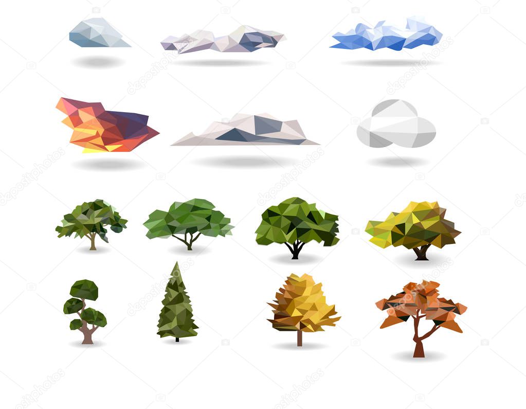 set tree polygon , forest  and saving green earth concept, low poly modelling, geometric and triangle shape,vector art and illustration.
