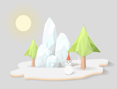 Dağ manzarası ve güneşli gökyüzü arka plan, Noel kutlama tatil kavramı, çokgen tasarım, üçgen ve geometrik şekil, düşük poli modelleme etkisi, vektör sanat ve illüstrasyon kar tanesi.