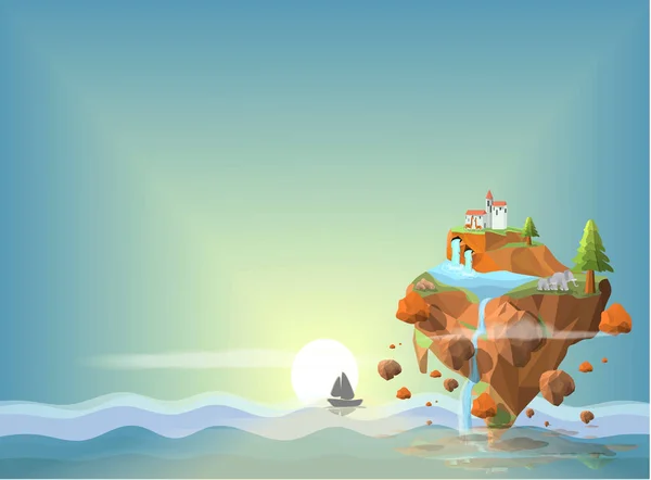 dreams island low poly modelling,The island of heaven on the blue sea in the morning, where the sun shines beautifully.geometric and triangle shape design, landscape low poly background,vector art.