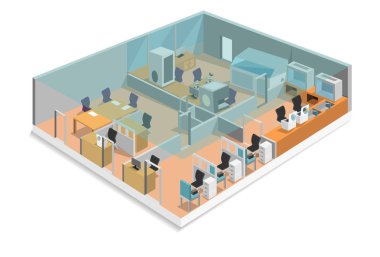 Laboratuvar hastane çalışma alanlarına ayrılmıştır. Kan odası dahil olmak üzere. Kan ayrılık Oda, Kan Bankası Oda, oda ofis ve Merkez Laboratuvarı, izometrik tasarım, vektör sanat ve illüstrasyon.
