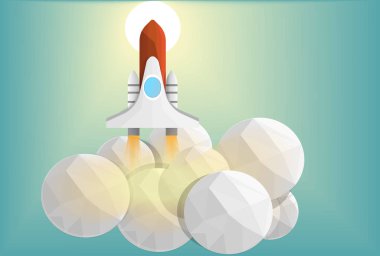 Uzay aracı uçan yukarıdaki günbatımı mavi gökyüzü arka plan, düşük poli etkisi tasarım, bulutlu vektör sanat illustration.technology misyon gelecekteki kavramı.